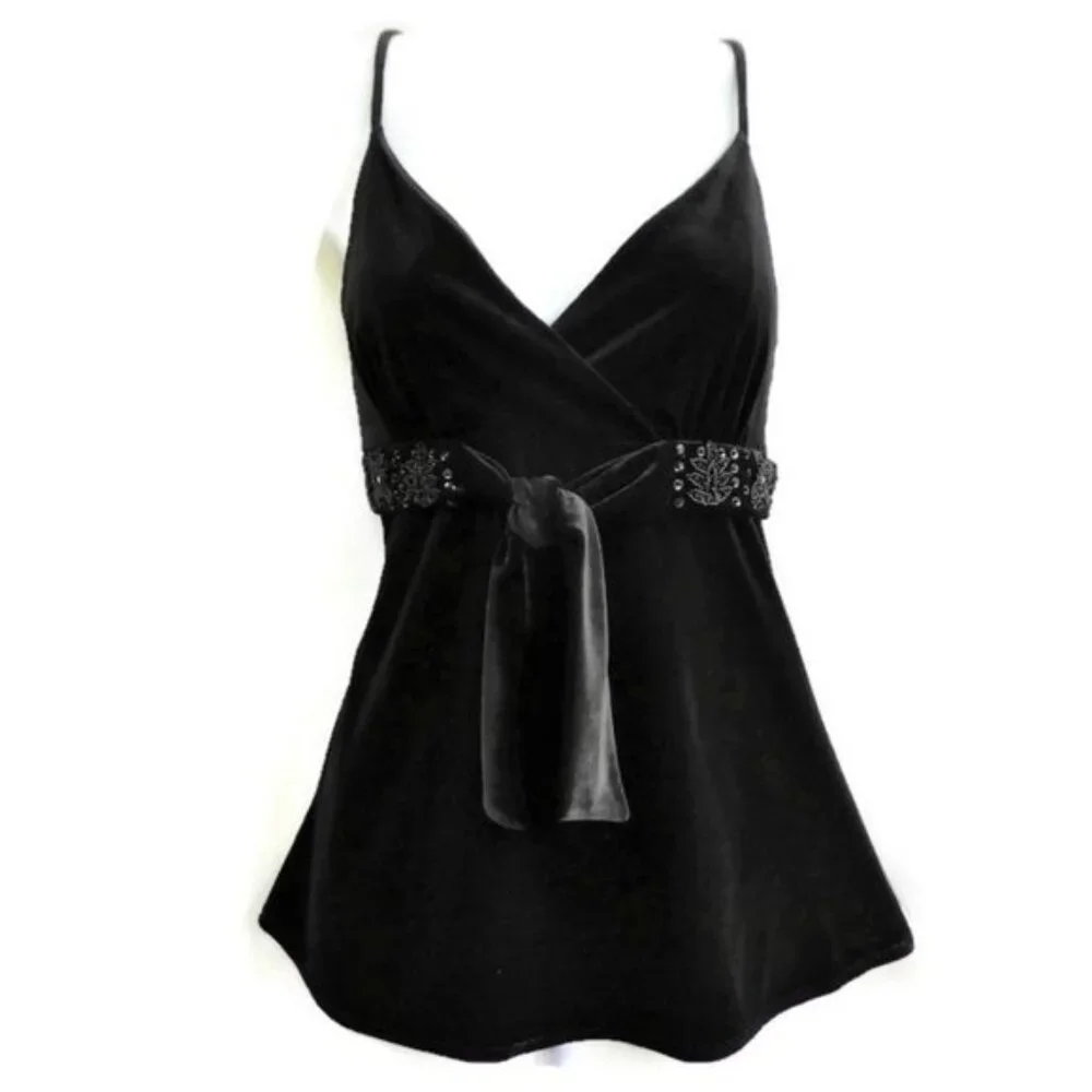 VeLVeT Y2K INC Velour Babydoll Cami Top Embellished Beads Black Fairy Grunge M